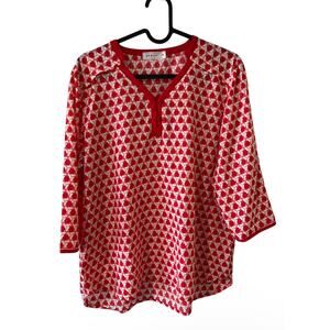 Pd & Co Women’s Red White Blouse 3/4 Sleeve Pullover all-over printed Shirt XL